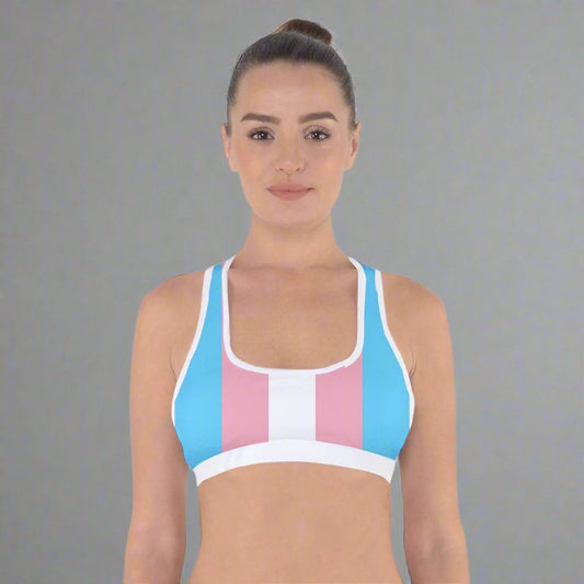 Trans Colours Criss-Cross Back Sports Fitness Bra Trans Apparel and Gift Ideas for Transwomen and Friends