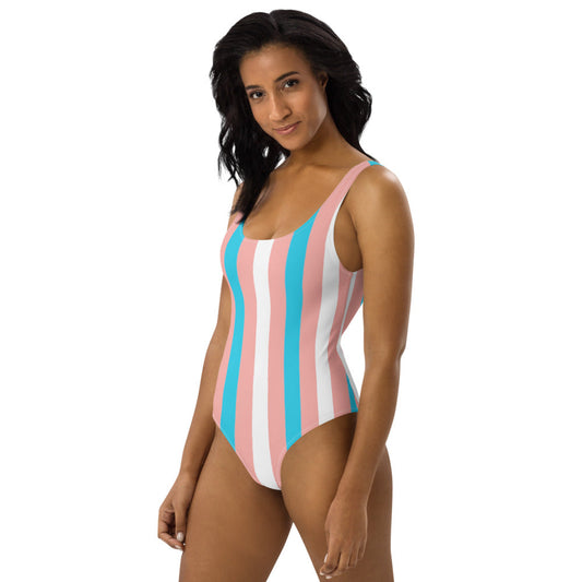 Blue Pink White Pride Candystriped Scoop-Back High-Cut Swimsuit tunnellsCo.