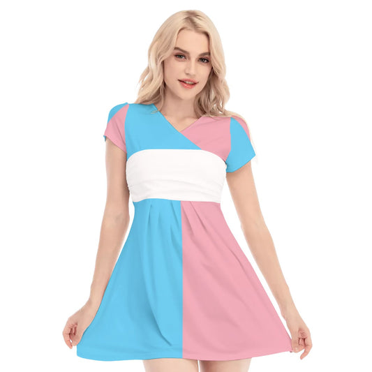 Blue Pink White Pride Layered V-Neck Short Sleeve Dress tunnellsCo.