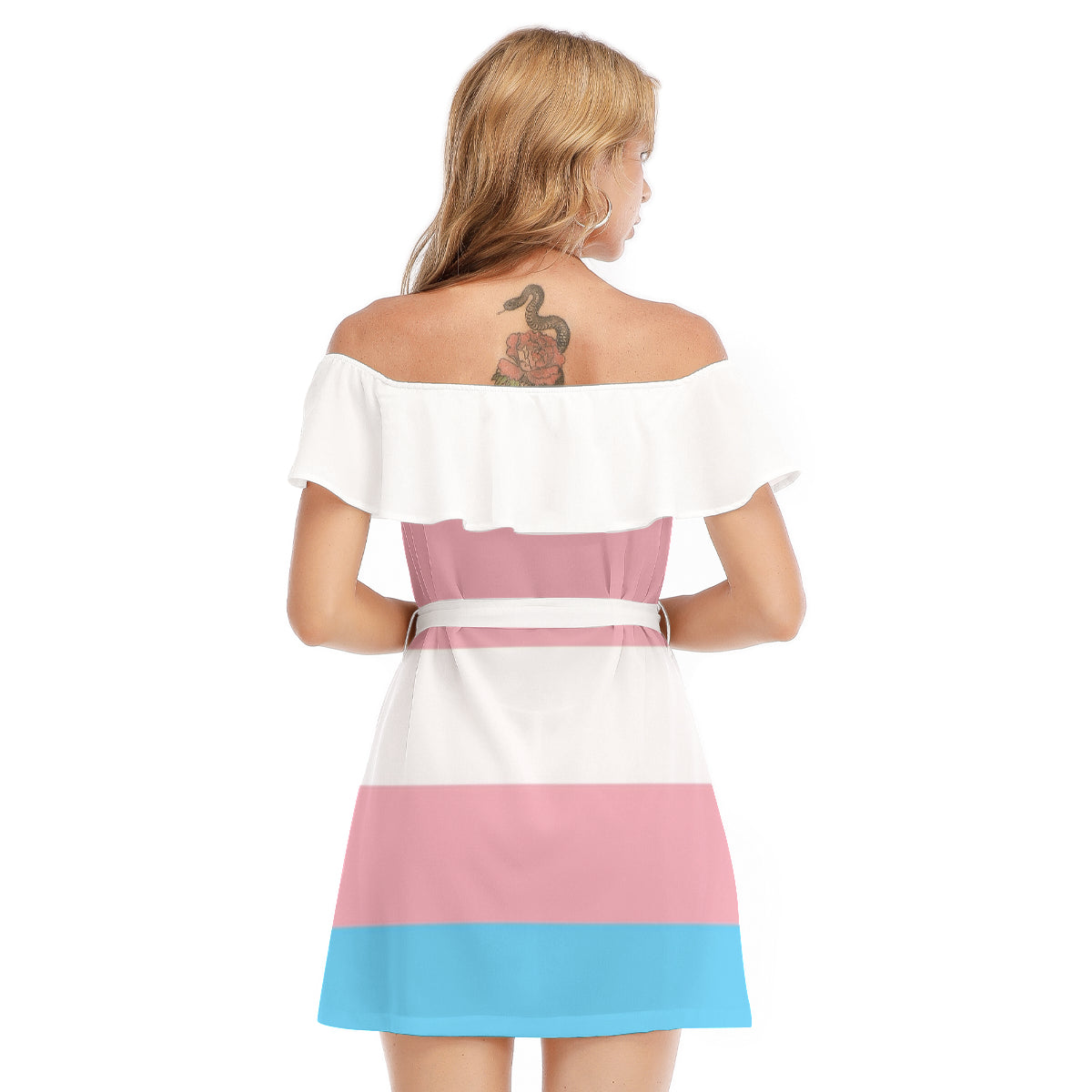 Blue Pink White Trans Pride Chiffon & Lotus Leaf Lace-Ruffled Off-Shoulder Dress tunnellsCo.