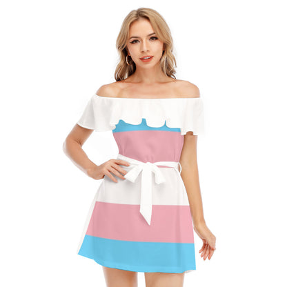 Blue Pink White Trans Pride Chiffon & Lotus Leaf Lace-Ruffled Off-Shoulder Dress tunnellsCo.