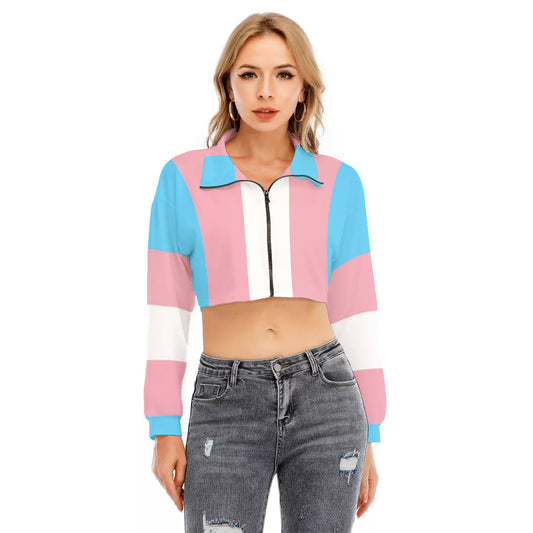 All-Over Print Women's Lapel Collar Cropped Sweatshirt With Long Sleeve