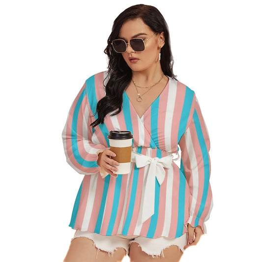Plus Size Trans Coloured Pride Candy Striped Wrap-Over Tied Blouse tunnellsCo.