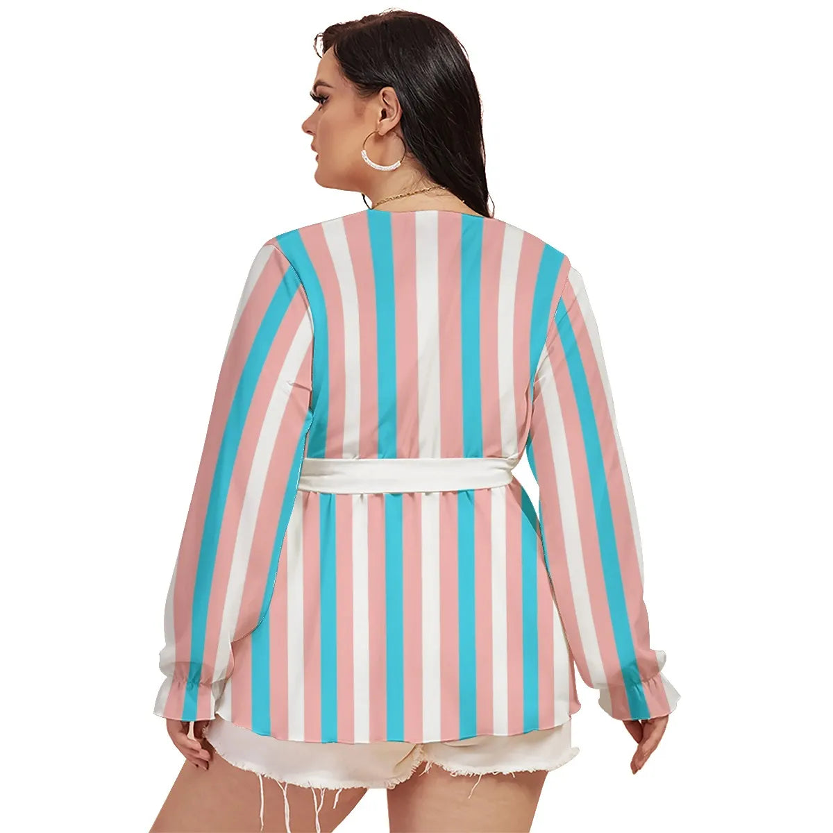 Plus Size Trans Coloured Pride Candy Striped Wrap-Over Tied Blouse tunnellsCo.