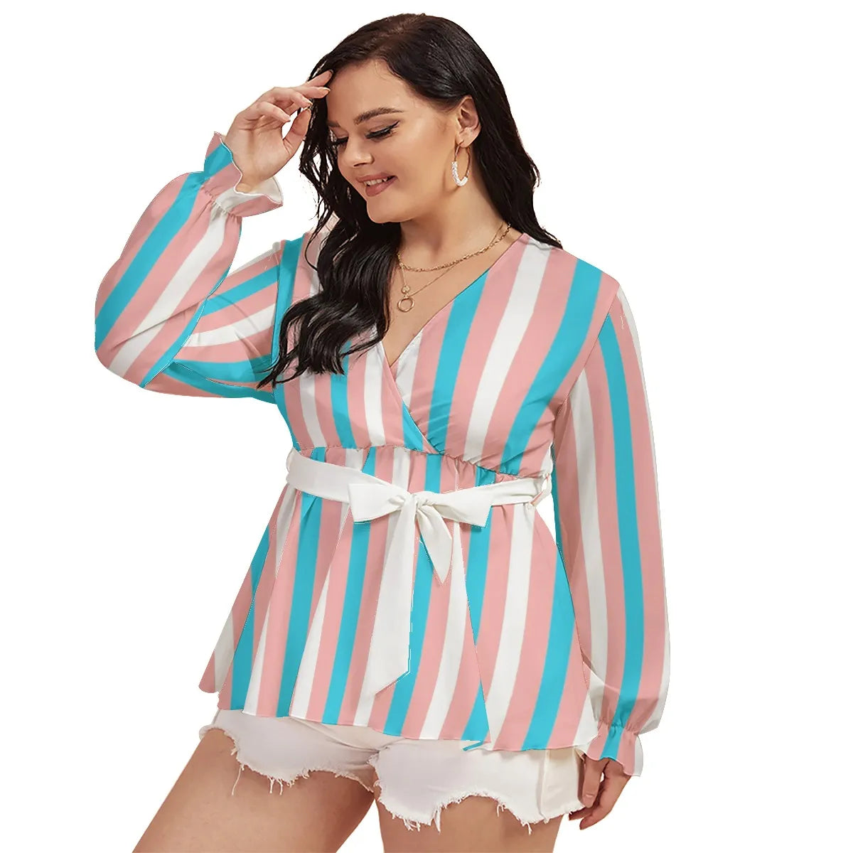 Plus Size Trans Coloured Pride Candy Striped Wrap-Over Tied Blouse tunnellsCo.