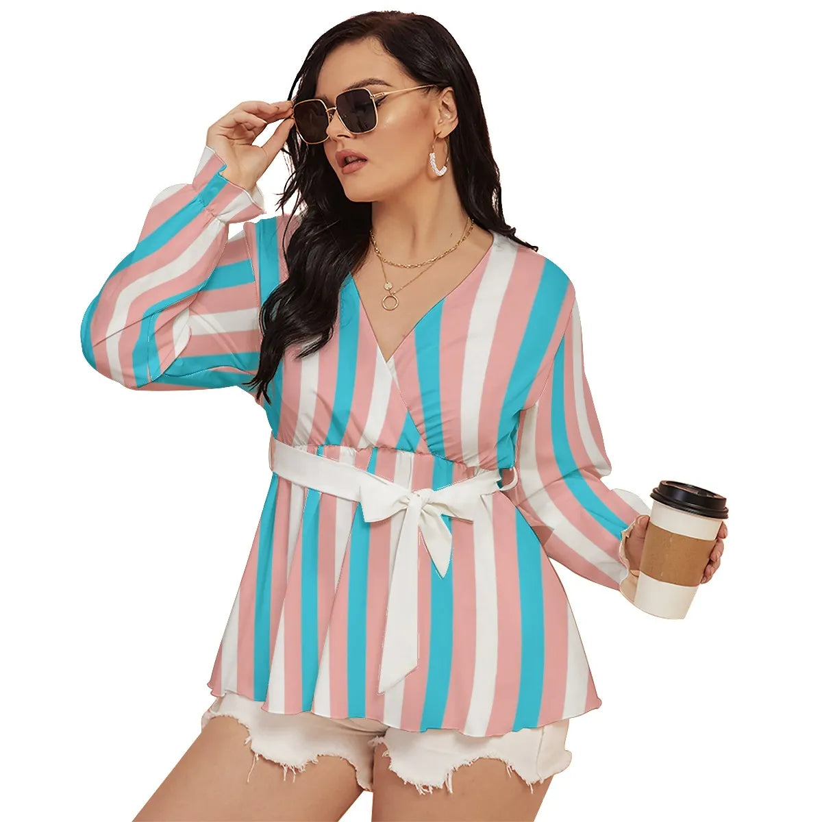 Plus Size Trans Coloured Pride Candy Striped Wrap-Over Tied Blouse tunnellsCo.