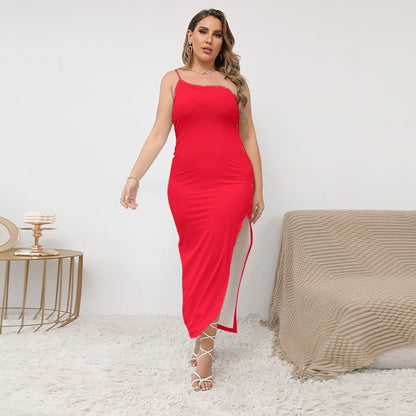 Plus Size Red Ruby Oblique-Shoulder Exposure Dress