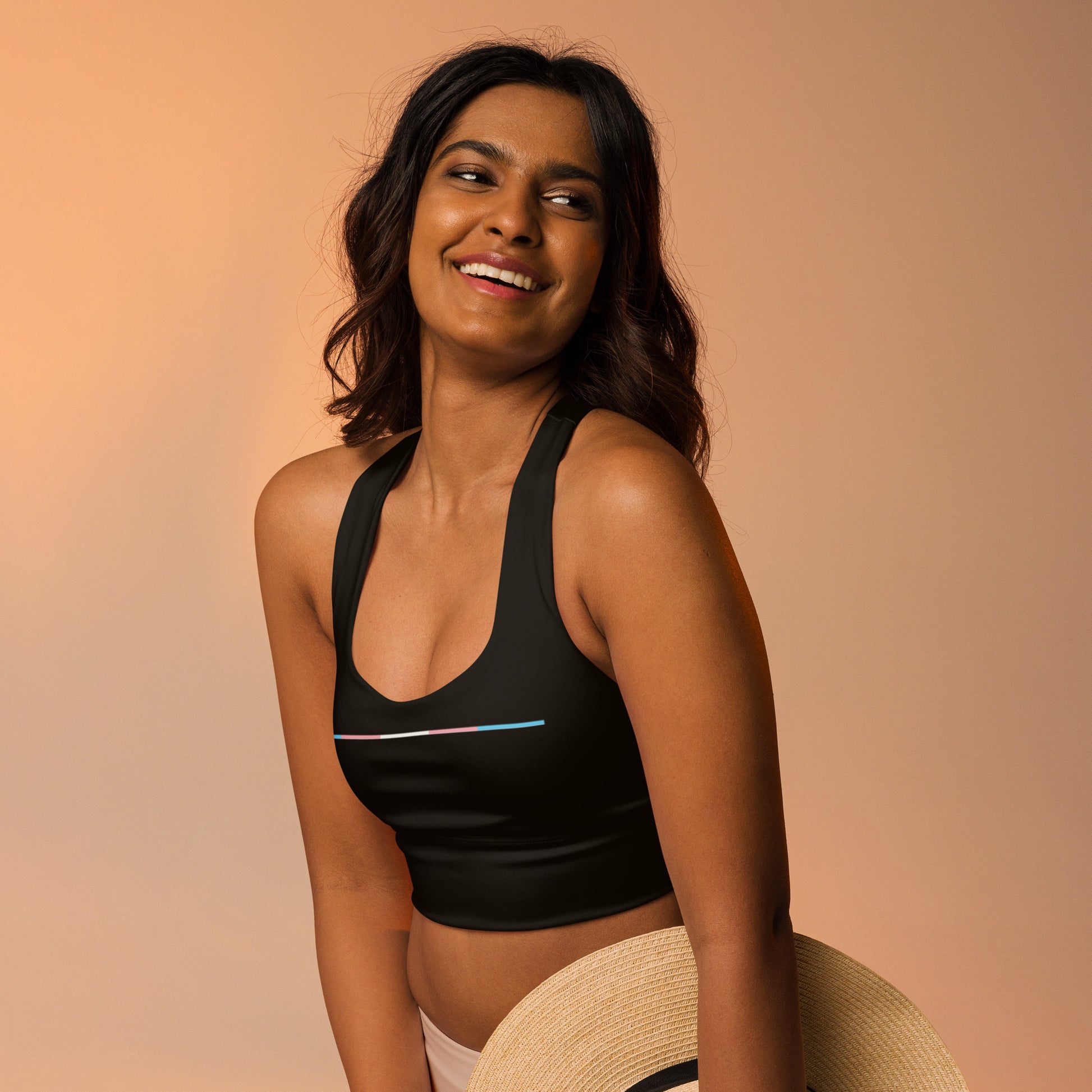 Subtle Blue Pink White Pride Black Sports Bra tunnellsCo.