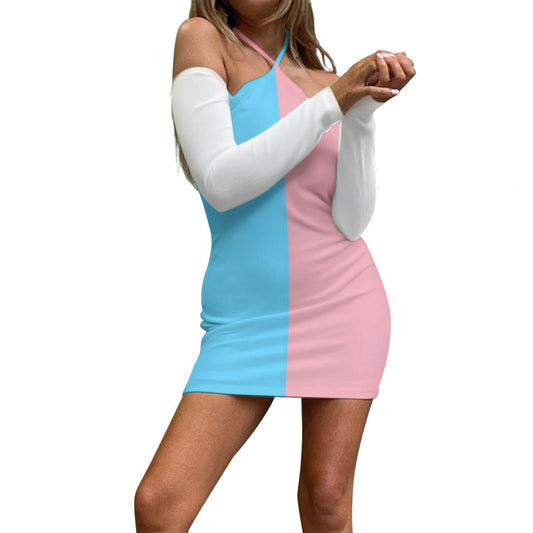 Teen Blue Pink White Pride Vive l'Paris Halter Neck Lace-Up Dress tunnellsCo.