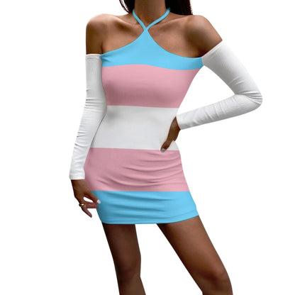 Teen Blue Pink White Trans Pride Halter Neck Lace-Up Dress tunnellsCo.
