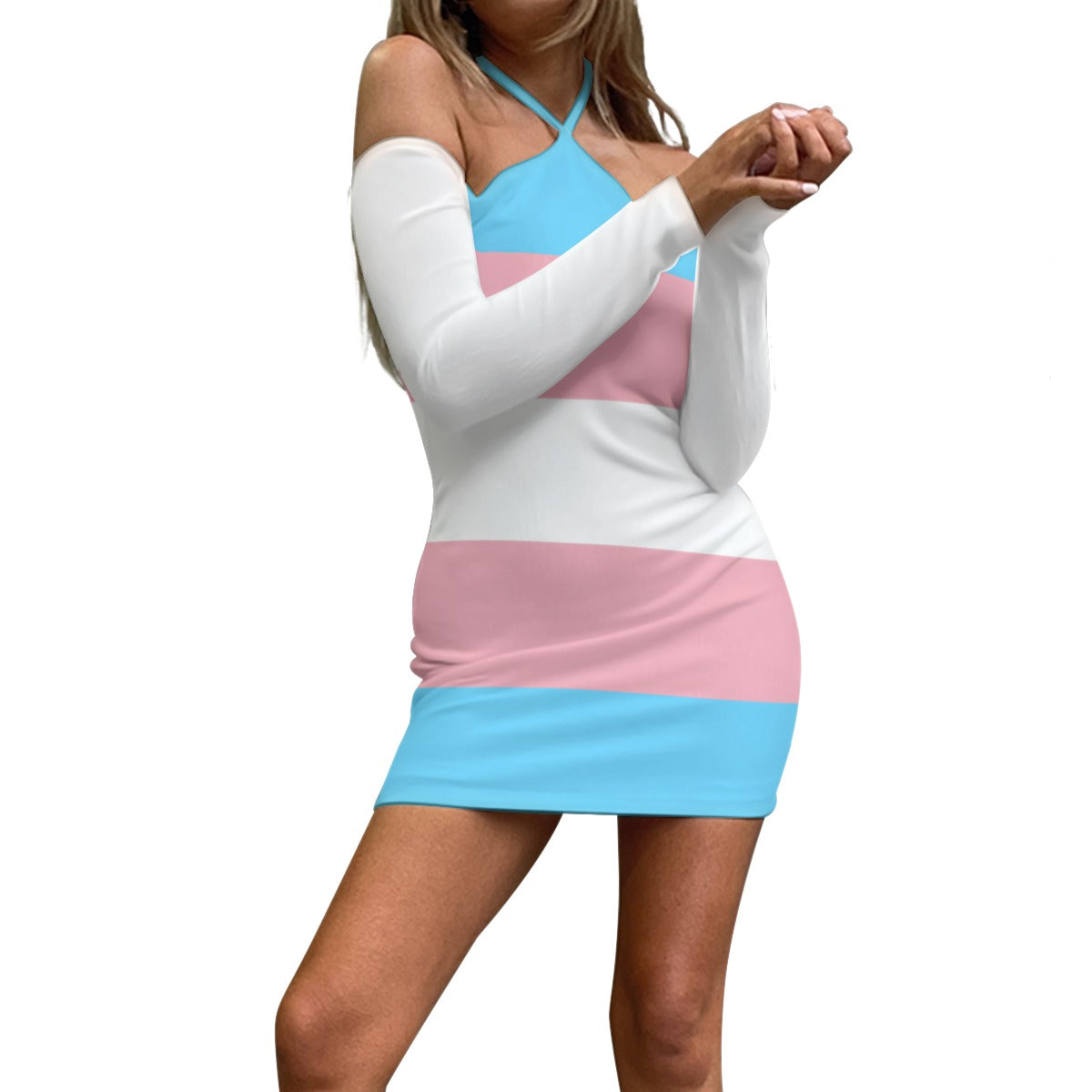 Teen Blue Pink White Trans Pride Halter Neck Lace-Up Dress tunnellsCo.