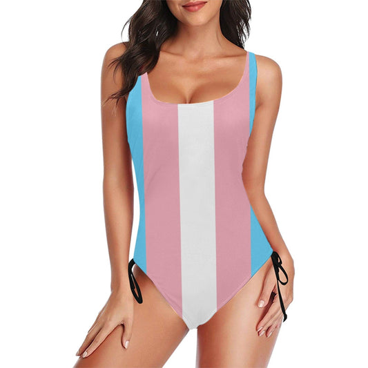 NEW Trans Coloured Drawstring Side One-Piece Swimsuit Trans Apparel & Gift Ideas for Transwomen and Friends