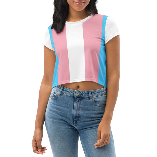 Teens Blue Pink White All-Over Trans Pride Cropped T-Shirt tunnellsCo.