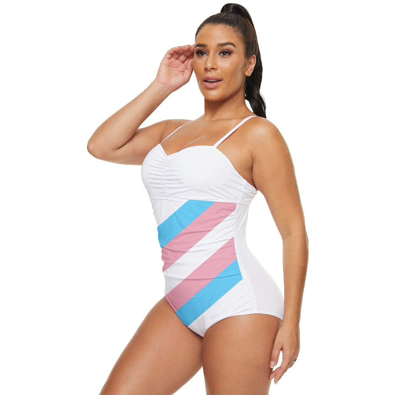 Trans Coloured Sash Ribbon Retro Style White Swimsuit tunnellsCo.