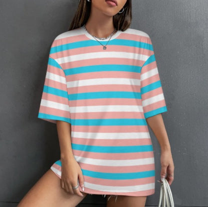 S-5XL Blue Pink White Pride Candy Striped Drop-Shoulder T-Shirt