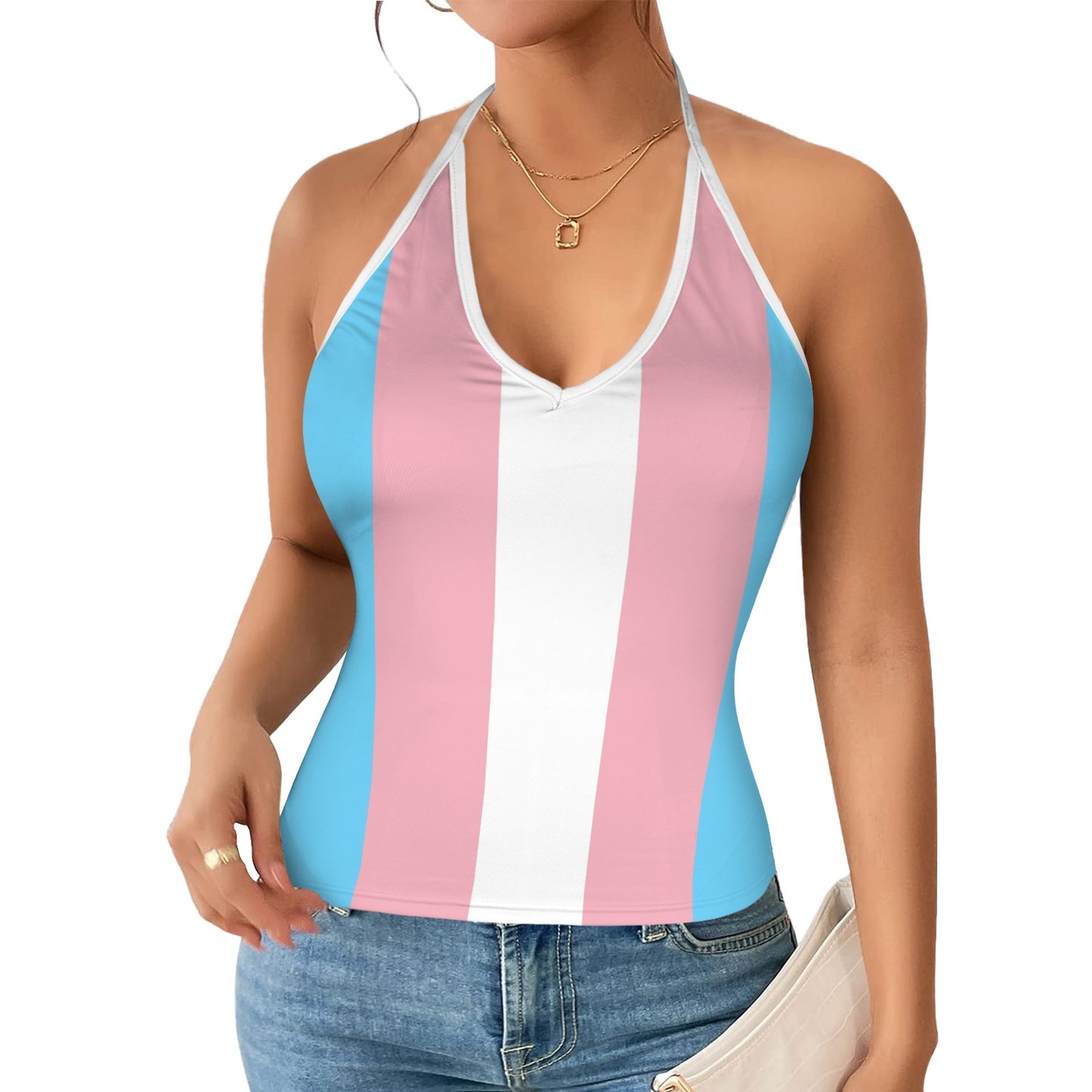 2XS - 2XL Teen Blue Pink White Pride V-neck Halter Open Back Tank Top