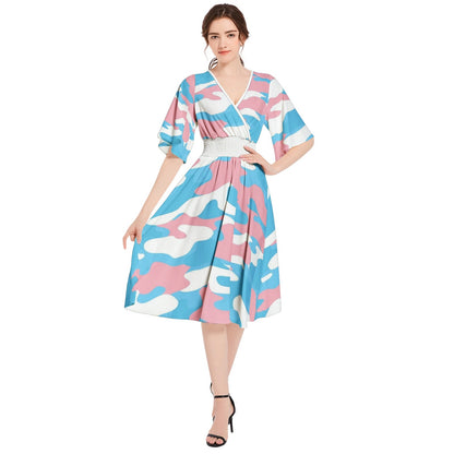 Trans Coloured Trans Pride Camouflage Butterfly Sleeve High-Waist Wrap Dress