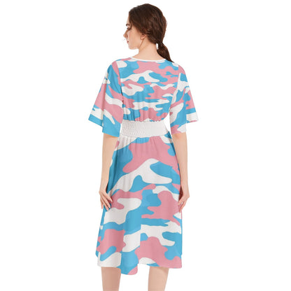 Trans Coloured Trans Pride Camouflage Butterfly Sleeve High-Waist Wrap Dress