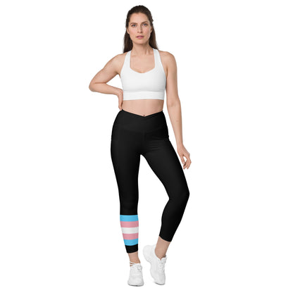 Trans Coloured Pride Ribbon Black Fitness, Pilates Crossover Waistband Workout Pants