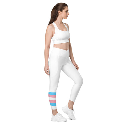 Trans Coloured Pride Ribbon White Fitness, Pilates Crossover Waistband Workout Pants
