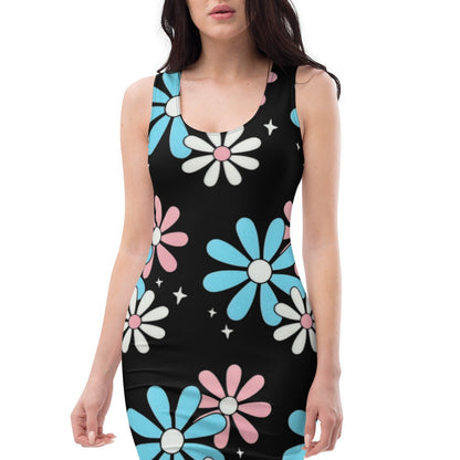 Blue Pink White Big Daisies Series Pride Black Body-Hugging Dress