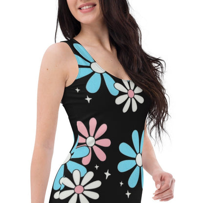 Blue Pink White Big Daisies Series Pride Black Body-Hugging Dress