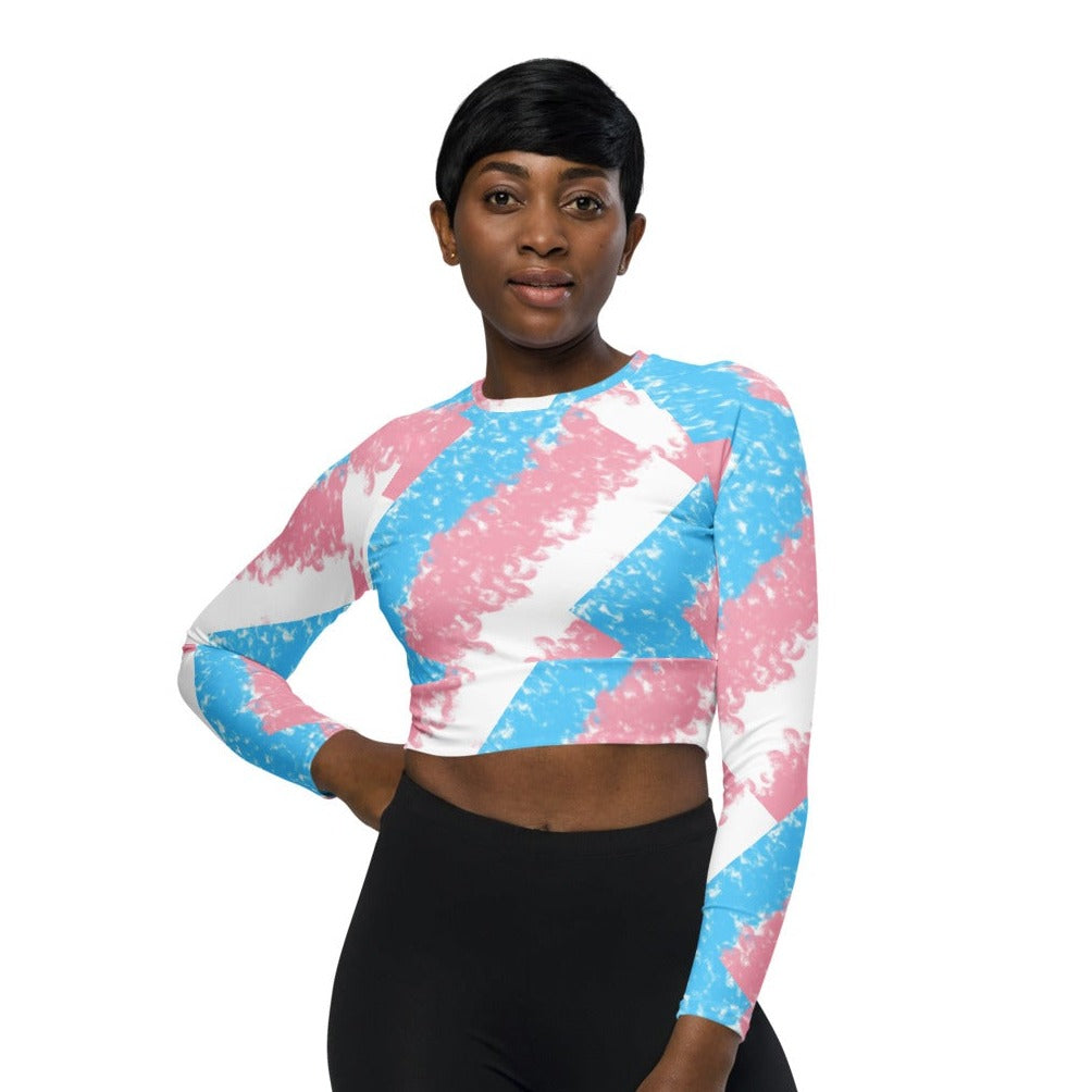 Trans Coloured Trans Pride Recycled Raglan-Sleeve White Sports Cropped Top