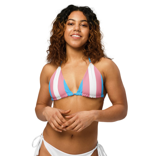 Blue Pink White All-Over Pride recycled string bikini top