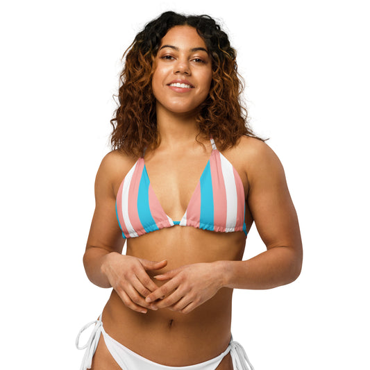 Blue Pink White Pride Candy Striped  recycled string bikini top