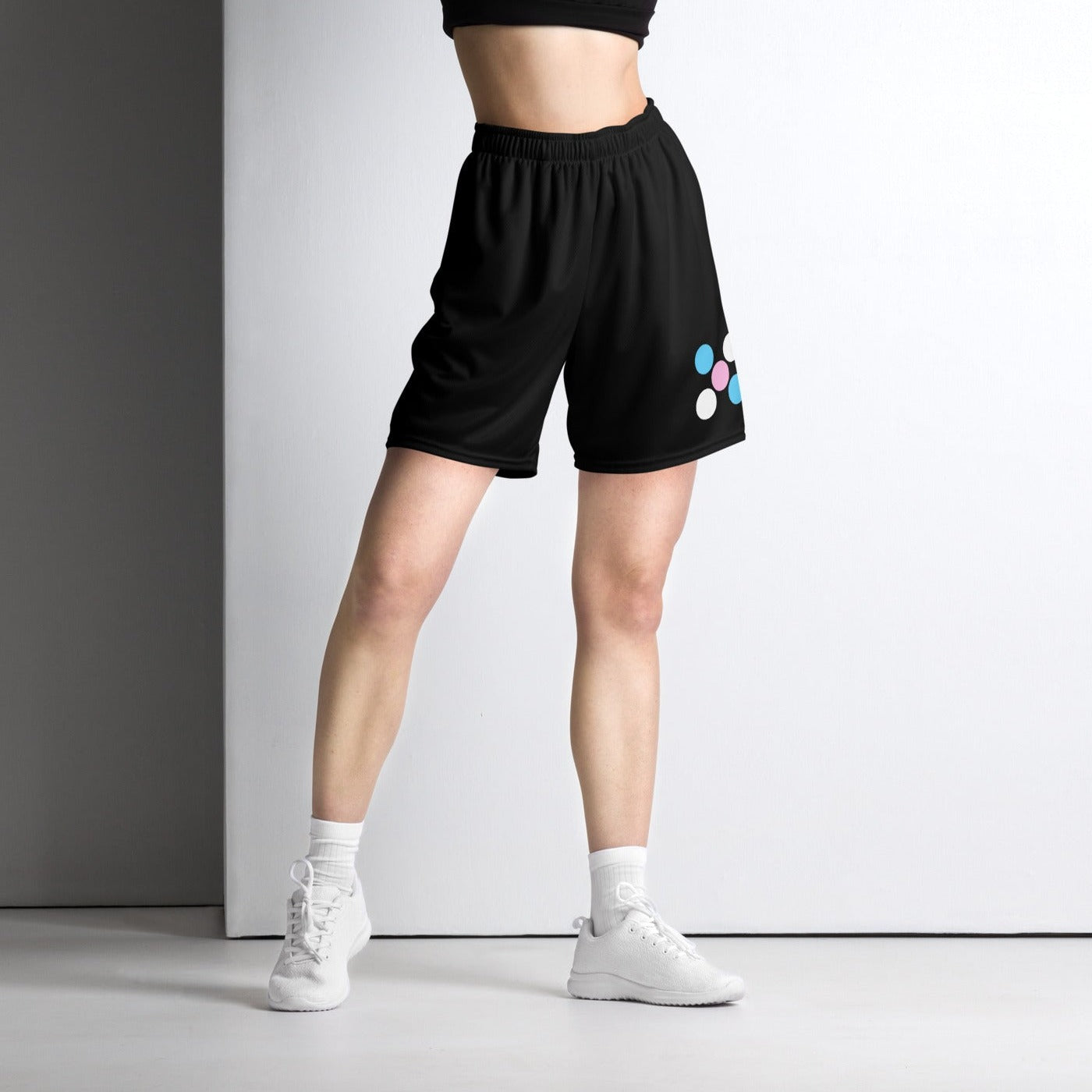 Blue Pink White Pride 'Five Dots' Black Mesh Workout Shorts
