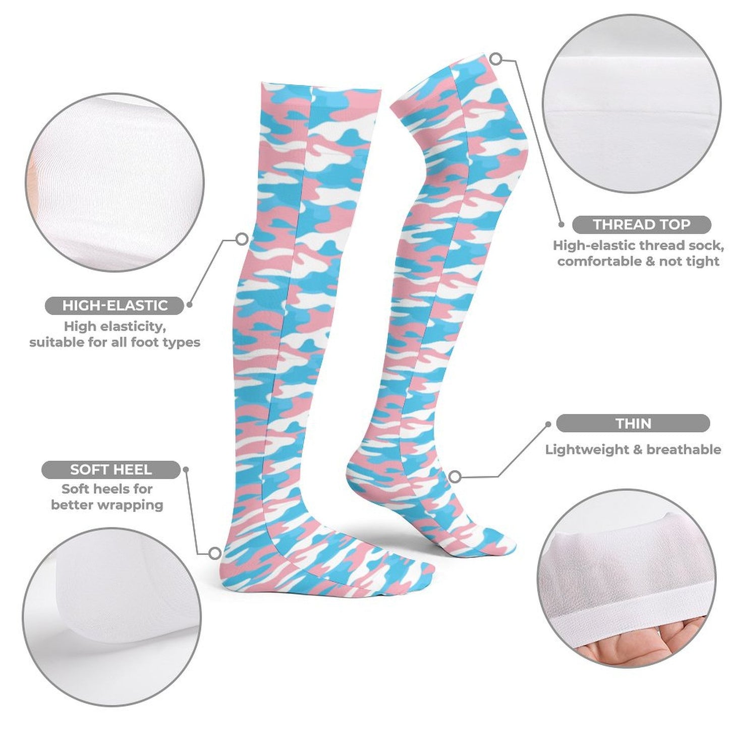 Blue Pink White Camouflage Knee High Stockings