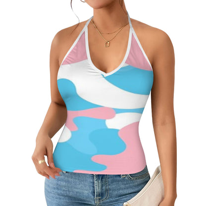 2XS - 2XL Teen Blue Pink White Pride Camo V-neck Halter Open Back Tank Top