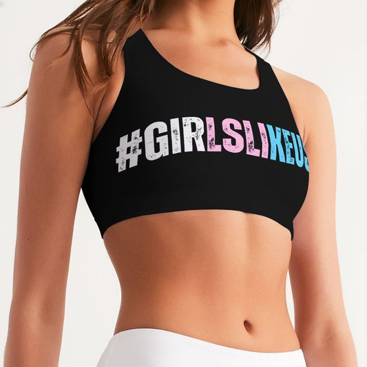 Blue Pink White 'GIRLSLIKEUS' Hashtag Black Seamless Sports Bra