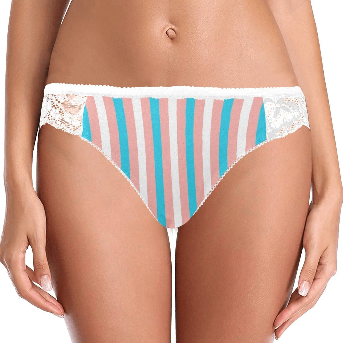 Teen - Plus Size Blue Pink White Pride Candy Striped White Lace Panties