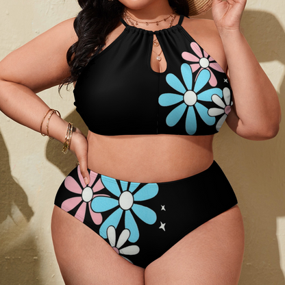 Plus Size Blue Pink White Big Daisies Black Two Piece Stylish Bikini