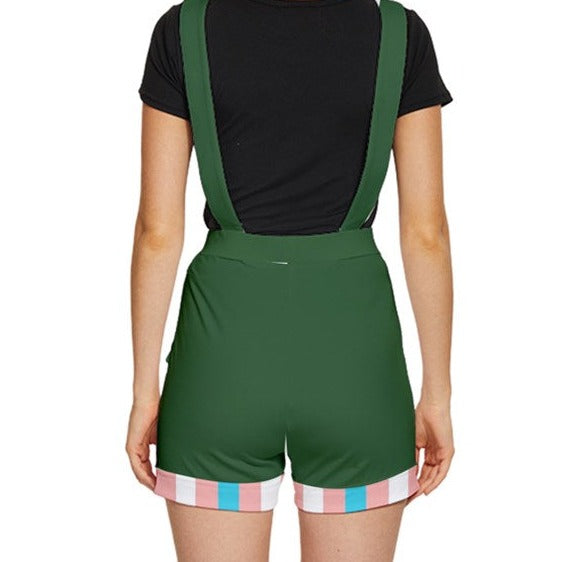Teen to Plus Size Trans Coloured Cuffed Green Short Dungaree Overalls