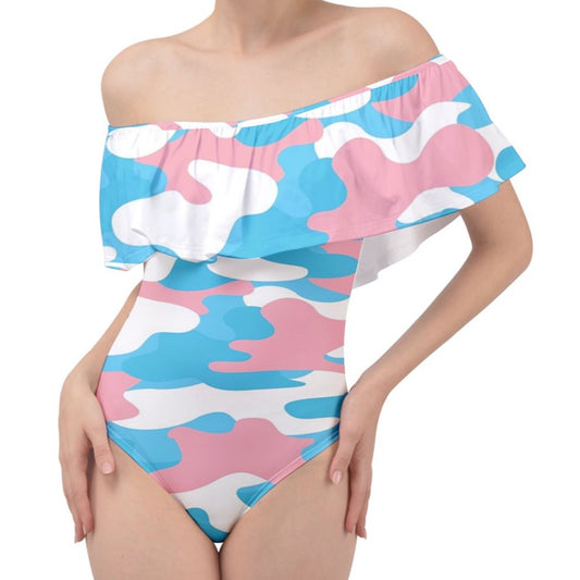 Blue Pink White Pride Camouflage Off-Shoulder Velour Bodysuit