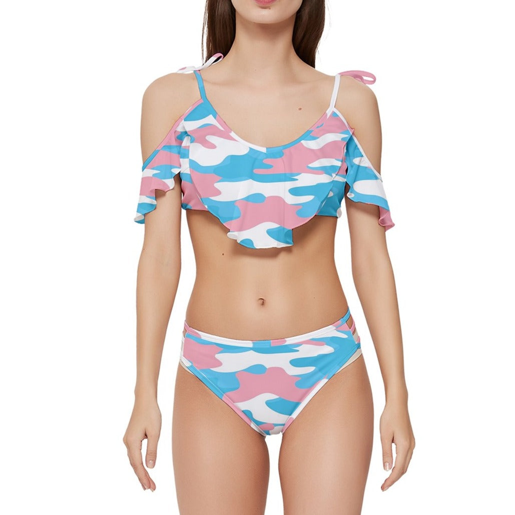 Blue Pink White Pride Camouflage Ruffled-Edge Tie-Up Bikini Set