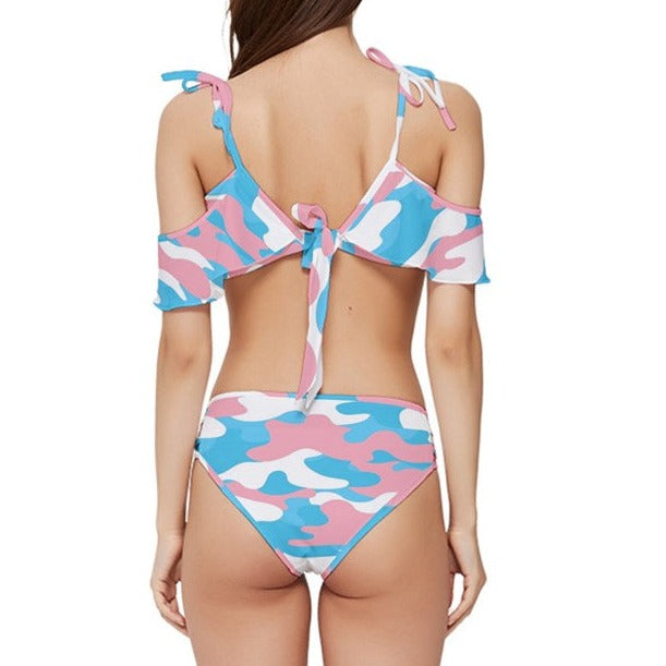 Blue Pink White Pride Camouflage Ruffled-Edge Tie-Up Bikini Set