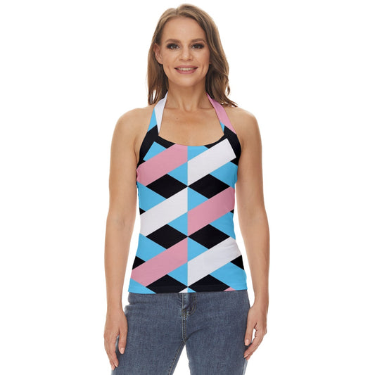 Plus Size Blue Pink White Pride Lattice All Over Black Halter Top