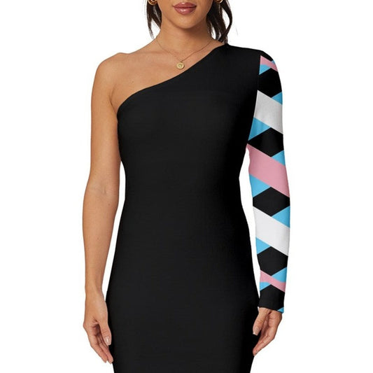 Blue Pink White Pride Lattice Black Long-Sleeve One Shoulder Mini Dress