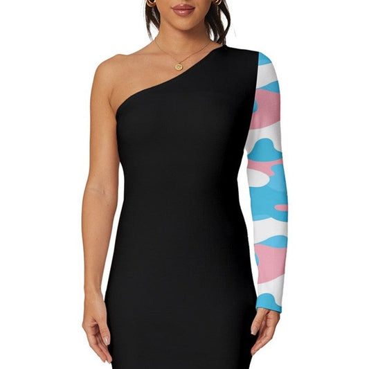 Blue Pink White Pride Camouflage Black Long-Sleeve One Shoulder Mini Dress