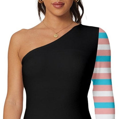 Teen - Plus Pride Candy Striped Black Long-Sleeve One Shoulder Mini Dress