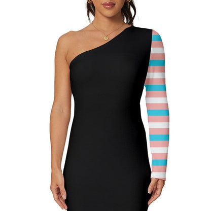 Teen - Plus Pride Candy Striped Black Long-Sleeve One Shoulder Mini Dress