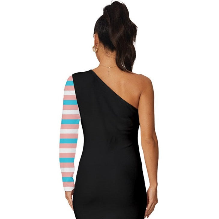 Teen - Plus Pride Candy Striped Black Long-Sleeve One Shoulder Mini Dress