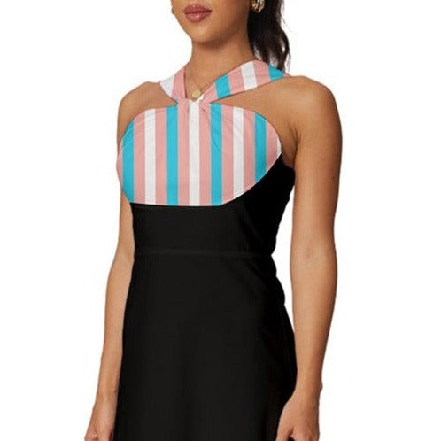 Candystriped Sleeveless Cross Front Cocktail Midi Chiffon Dress