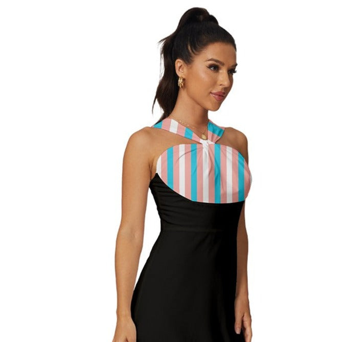 Candystriped Sleeveless Cross Front Cocktail Midi Chiffon Dress