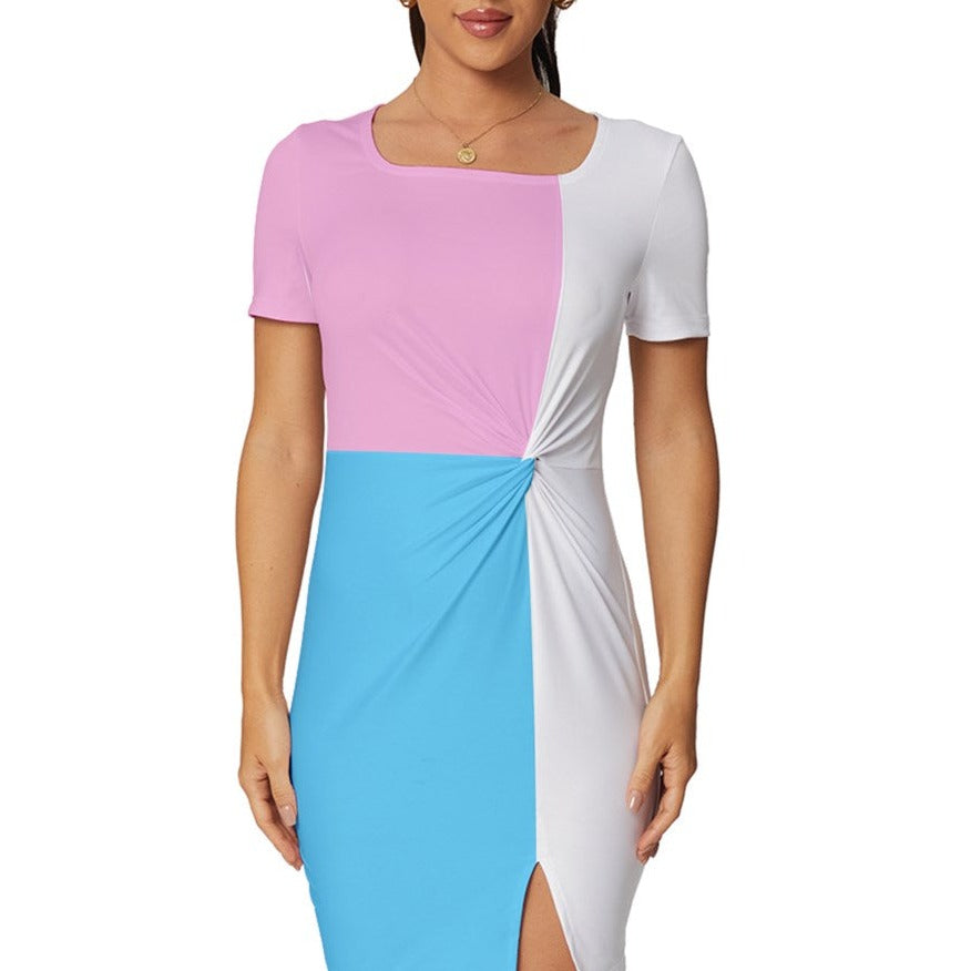 Blue Pink White Fitted Knot Split End Bodycon Dress