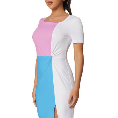 Blue Pink White Fitted Knot Split End Bodycon Dress