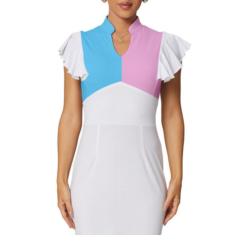 Blue Pink White Pride Vintage Frilled-Sleeve Collared Bodycon Dress